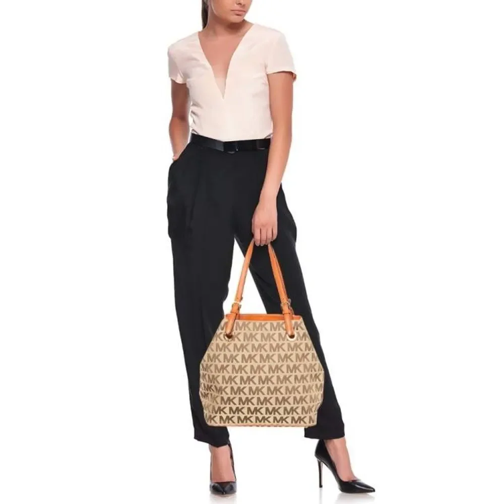 NEW MICHAEL Michael Kors Beige Tan Orange Signature Canvas & Leather Tote Large